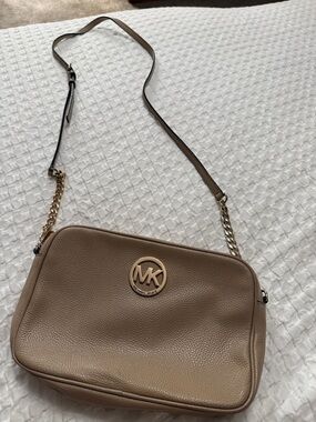 Michael Kors Taupe Pebbled Leather Crossbody with Gold MK Emblem